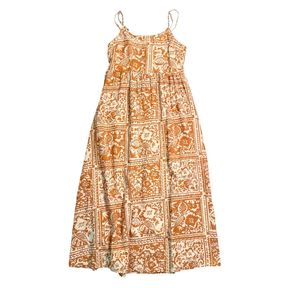 Japna Maxi Dress Medium Orange Cream Floral Tile Print Boho Smocked Summer